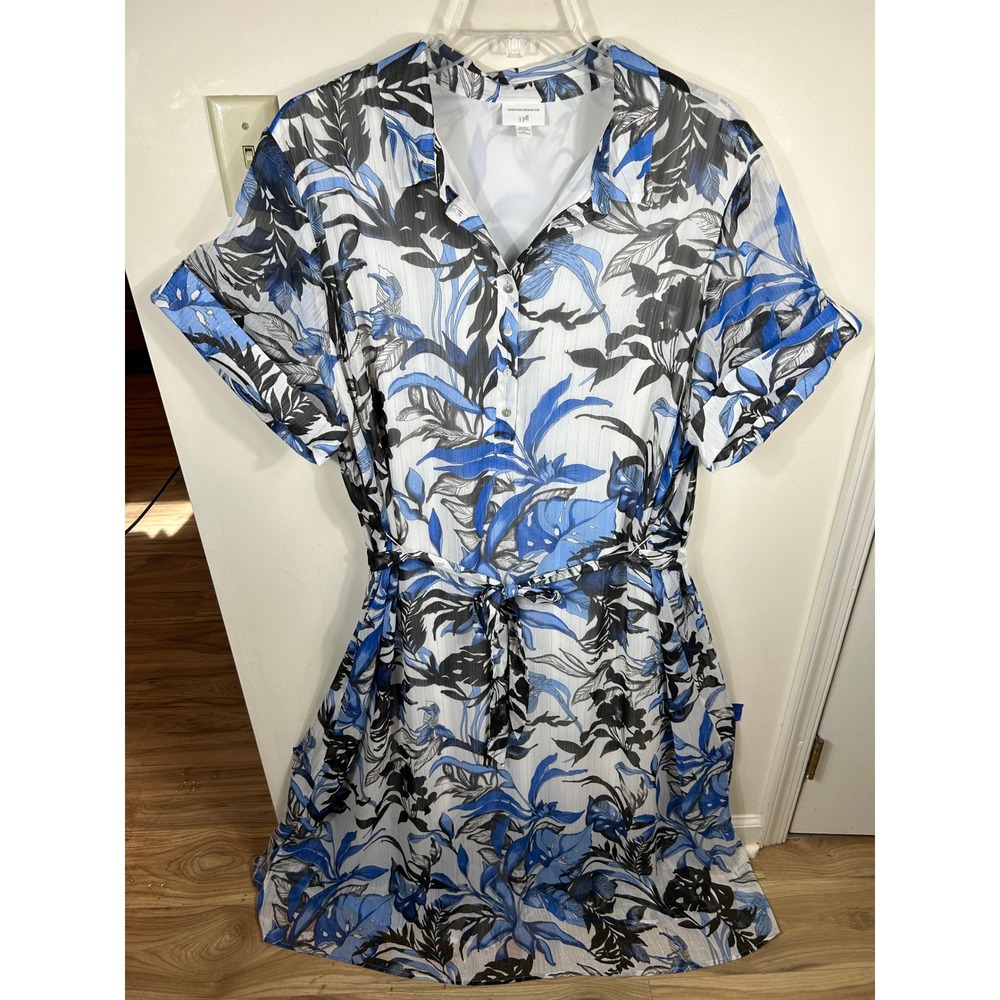 Christian Siriano for J.Jill Shirt Dress Women 4X Blue Floral Lurex Maxi Belted